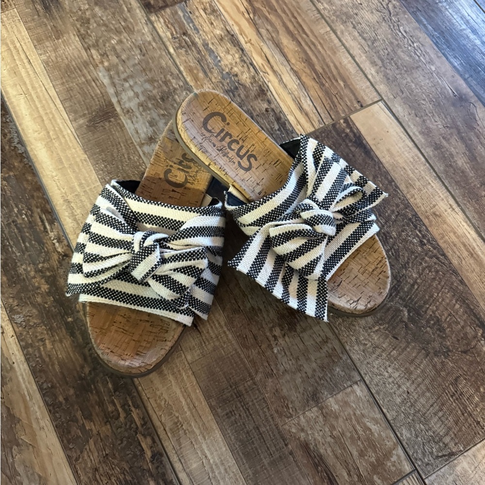 Sam Edelman Black and White Striped Bow Slide Sandals